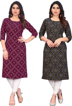 Pack of 2 Women Printed Crepe Straight Kurta (Multicolor)