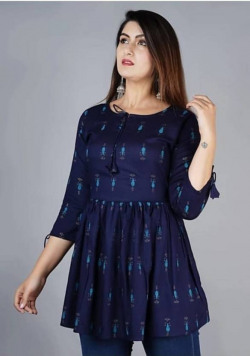 Casual Regular Sleeves Printed Women Blue Top