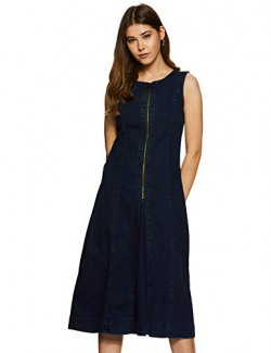 Amazon Brand - Inkast Denim Co. Women's Skater Midi Dress (AW19/INDIE/DR-02_Denim Dk Blue_S)