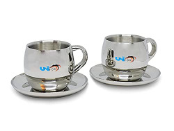 Unifox Stainless Steel Double Walled Cup & Saucer Set, Round Shape (80ml Each) (Set of 2)
