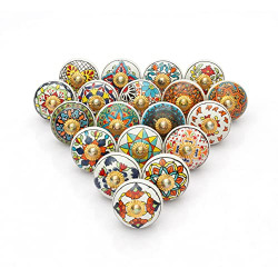 Door Knobs for Drawers - Assorted Ceramic Blue Pottery Brass Fitting Pull Handle for Cabinets and Dressers Antique Furniture Hardware Accessories - Multicolor Mandala - Pack of 12
