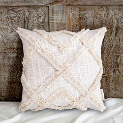 Trending Home Collection Cotton Textured Fabric with Fringe LACE Zippered Cushion Cover (Ivory | 16 x 16 Inches | Set of 2)|