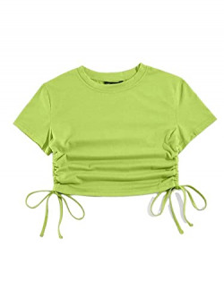 Stylander Casual Round Neck Side Drawstring Plain Cotton Crop Top for Women (Large, Paroot Green)