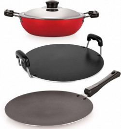 NIRLON Heat Resistance 3 Piece Non-Stick Coated Kitchen Item Set Stainless Steel Lid(Black & Red_Combo Set) Non-Stick Coated Cookware Set(PTFE (Non-stick), Aluminium, 3 - Piece)