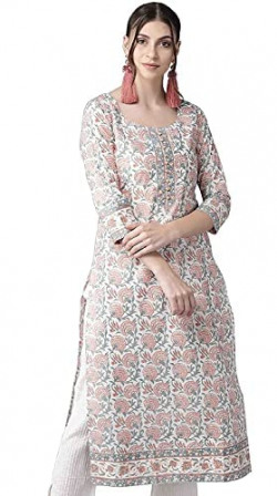 LookMark Women's Cotton Blend Printed Straight Kurti (K1041-L_White_L)