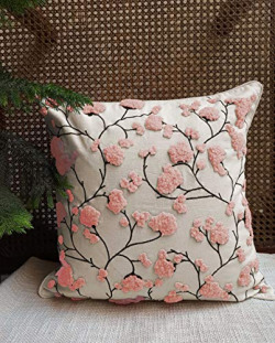 Trending Home Collection Cotton Fabric with Floral Manual Embroidery Stitched Zippered Cushion Cover (White/Soft Pink) | 16 x 16 Inches | Set of 2|