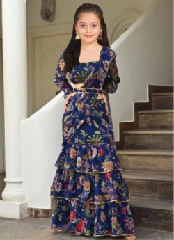 Kedar Fab Girls Lehenga Choli Western Wear Floral Print Lehenga, Choli and Dupatta Set(Dark Blue, Pack of 1)