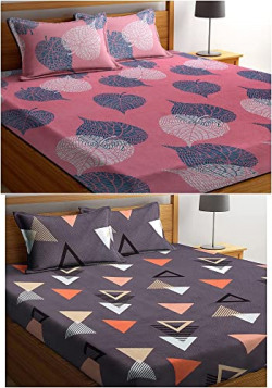 BSB HOME Glace Cotton 160 TC Double Bedsheets Combo Pack of 2 Bedsheet with 4 Pillow Covers (5X6 feet Bed, Pink Patti and Grey)