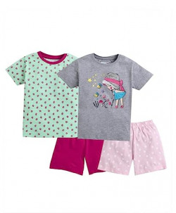 BUMZEE Grey & Pink Girls T-Shirt & Short Set Pack of 2 Age - 3-6 Months