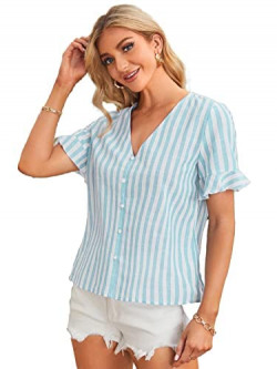Leriya Fashion Women's Plus Size Short Sleeve Deep V Neck Self Belted Casual Peplum Wrap Blouse Top (Medium, Turquoise)