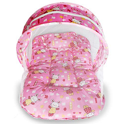 BeyBee Baby Multicolor Cartoon Prints Pink Base Design Bedding Set Thick Base, Foldable Mattress, Rectangular Shape Pillow and Zip Closure Mosquito Net (Pink)