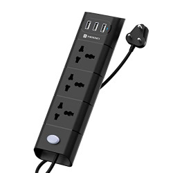 Portronics Power Plate II Extension Board - 1500W - 3 USB Ports, 3 Power Sockets, Overload Protection, Eco-Friendly, 2M Cord Length(Black)