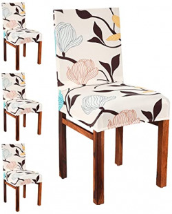 Amazon Brand - Solimo Polyester Spandex Stretchable Dining Chair SLIPCOVER (Checkered Print, Pack of 4, Beige)