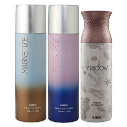 Ajmal Magnetize and Persuade for Men & Women and Shadow Him for Men Deodorants each 200ML Combo pack of 3 (Total 600ML) + 1 Perfume Tester