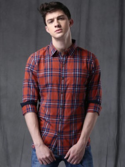 WROGN Men Checkered Casual Dark Blue, Orange Shirt