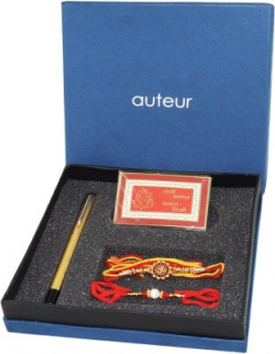 auteur Beautiful Pen and Rakhi Combo a Gift with, A Beautiful Golden Pen, Rakhi for Brother and Bhabhi Set with Roli, Chandan and Mishri Pack, for BhaiDooj Pen Gift Set(Pack of 4, Multicolor)