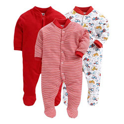 EIO 100% Cotton Rompers Sleepsuits Jumpsuit Night Suits for Infants Newborn Baby Boys & Girls Pack of 3 (12-18 Months, Red)