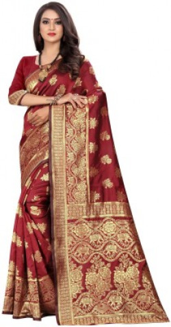 Shoppershopee Printed Banarasi Silk Blend Saree(Maroon)