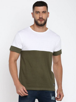 Men Colorblock Round Neck Pure Cotton Green, White T-Shirt