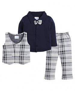 BUMZEE Beige & Navy Boys Full Sleeves Shirt Waistcoat & Pant Set with Applique Bow Age - 6-12 Months (Peb8050C-bge.NBL)