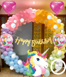 Flyloons Unicorn Theme Birthday Decoration Kit For Girls Boys Kids Baby Girl Year With Foil Pink Heart Purple Yellow Mint Orange Blue Pastel White Metallic Balloons Banner- 61 Piece