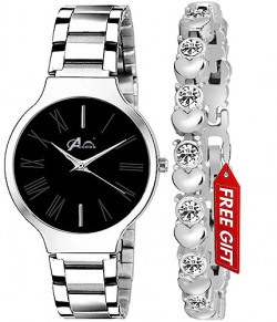 Acnos Brand - A Branded Watch Analog Black Dial Stainless Steel Silver Band with Heart Diamond Silver bracelet Women's Watch