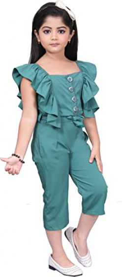 glamour world garments Girls Cotton Silk Maxi Casual Solid Jumpsuit Dress (Green, 3-4 Years)