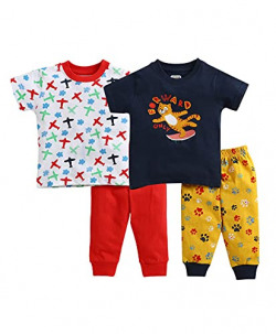 MINITATU White.Navy Half Sleeves Unisex Baby T-Shirt & Pajamas Set Pack of 2 Age - 6-9 Months