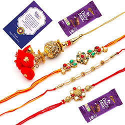 Rakhi for Brother Bhabhi Kids with Chocolate Gifts Combo Set, Cadbury Rakshabandhan Rakhi for Bhaiya Bhabhi with Greeting Card, Set of 4 Rakhi