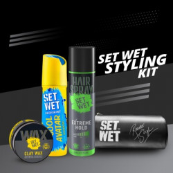 SET WET Men's Styling Kit-Deodorant(150ml),Clay Hair Wax(60g),Hair Spray(200ml) & Pouch Deodorant Spray  -  For Men(410 ml, Pack of 4)