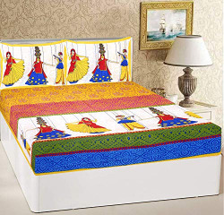 RajasthaniKart Pure 100% Cotton Double Bed Sheet with 2 Pillow Covers (Bedsheet for Double Bed Cotton, Yellow Kattputli Jaipuri, King Size,5168)