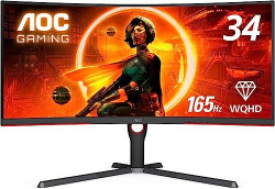 AOC CU34G3S 34" Frameless Curved Ultrawide Gaming Monitor, Wide QHD 3440 x1440, 165Hz 1ms, FreeSync Premium, Height Adjustable Stand, 3-Year Zero-Bright-dot (HDMI, DisplayPort, USB Hub) Black