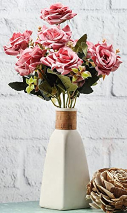 SATYAM KRAFT 1 Pc Artificial Rose Flower Bunch For Gifting, Home, Room, Office, Bedroom, Balcony, Living Room, Table, Restaurant Centerpieces, christmas Decoration Plants and Craft Items Corner (Without Vase Pot)- 7 Heads (Pack of 1, Pink)