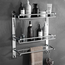 Primax Elegant-Plus Stainless Steel Chrome Finish Wall-Mount Multipurpose 3 Tier Bathroom Shelf with Towel Holder