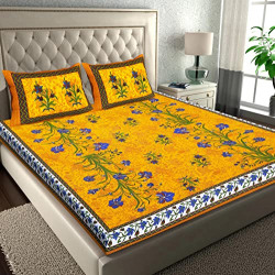 RajasthaniKart Pure 100% Cotton Double Bed Sheet with 2 Pillow Covers (Bedsheet for Double Bed Cotton, Yellow Kashmirkalli Jaipuri, King Size,5167)