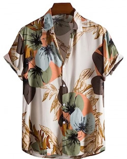 DHRUVI TRENDZ Shirt for Men || Rayon Casual Shirt for Men || Tropical Leaf Printed Shirt for Men || Men Stylish Shirt with Preppy Short Sleeve || Turn-Down Collar Shirt for Boys. (X-Large, Off White)
