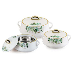 CELLO Midas Insulated Inner Steel Casserole Set of 3, White, (500ml, 1000ml, 1500ml)| Hot Box for Kitchen | Hot Pot for Home| Chapati Box | Locks in The Cold & Heat for Long | Serving Bowl with Lid |