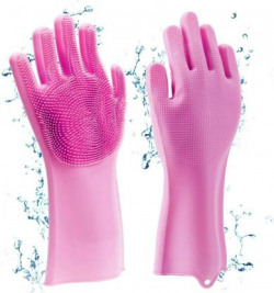 SH Enterprises Silicon Hand Gloves For Kitchen Washing Utensils Dishes With Brush Cleaning Scrubber, Wet and Dry Glove Set(Free Size Pack of 2)