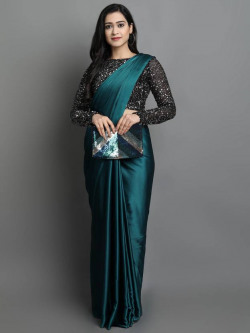 Solid/Plain Bollywood Silk Blend, Satin Saree(Light Blue)