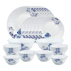 Larah by Borosil Blue Cascade Opalware Dinner Set, 28 Pcs, White