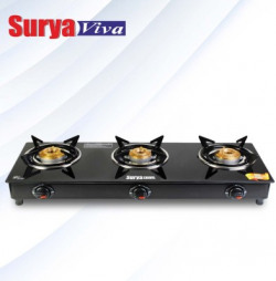 SURYAVIVA Photon 3B BK Toughened Glass 3 Cast Iron Burner Gas Stove(Manual,Black) Glass Manual Gas Stove(3 Burners)