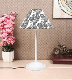 tu casa Table Lamps White Metal Base with Black/White Cotton (Filigree Design Print) Shades for Home Dcor, Bedrooms, Living Room, Gifting, Diwali, Dining Space, Study Room, Restaurants (H-15)