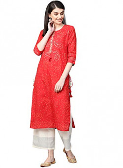 ishin Women's Pure Cotton Red Zari Embellished A-Line Kurta Starts@349
