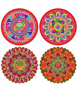 Klassic Rangoli Pattern Floor Entrance Waterproof Assorted Stickers for Home, Office during Special occasions, Diwali and festivals (Multicolor, Set of 4)