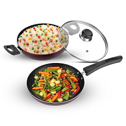 Vinod Supreme Non-Stick 2 Pcs Cookware Set - Kadai with Glass Lid 2 L Capacity (22 cm) and 22 cm Frypan (Gas Stove and Induction Compatible) PFOA Free - Garnet Metallic