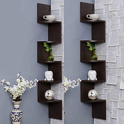 Furniture Cafe Wooden Wall Shelves | Corner Hanging Shelf for Living Room Stylish | Zig Zag Home Decor Floating Display Rack Storage Organizer Unique Design with Brown Finish 5 Tiers (Set of 2)
