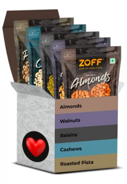 Zoff Premium Daily Needs Mixed Dry Fruits Combo - Almonds, Cashews, Raisins, Roasted Pistachios, and Walnut Halves 250g Each | Perfect Diwali and Festival Gifts & Hampers | Net weight 1.25Kg