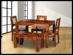 VINOD FURNITURE HOUSE Wooden Solid Sheesham Wood Dining Table 4 Seater | Dining Table Set with 3 Chairs & 1 Bench | Home Dining Room Furniture Teak Wood Dining Table 4 Seater | Teak Finish