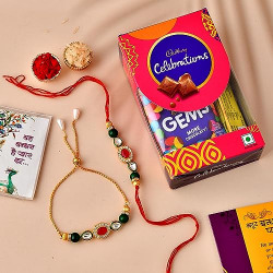 CraftVatika Bhaiya Bhabhi Rakhi Chocolate Gift Combo, Premium Rakhi Set of 2 for Brother Bhabhi with Pooja Coin and Cadbury Celebration Chocolate Box, Bracelet Rakhi for Bhabhi