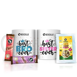 Bevzilla Rakhi Gift Pack of 2 Bro & Sis Coffee Mugs, 24 Assorted Coffee Sachets(2 gram each sachet) & 2 Sachet of 9 in 1 Nuts, Berries & Seeds Mix (20 gram Each Sachet) | Gift For Rakhi | Coffee Gift| Premium Gift| Best Gift